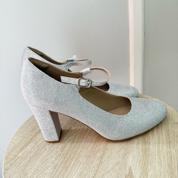 Idifu Women's Silver Glitter  Mary Jane Heels Size 8 Chunky Heel Buckle NWOB - Picture 8 of 15